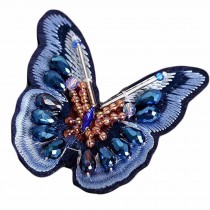 3 Pcs Blue Butterfly Embroidered Applique DIY Beaded Rhinestone Applique Patch Clothing Decoration Patches