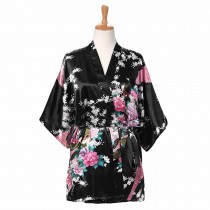 Black - Short Women's Pajamas Silk-like Bathrobe Kimono Robe Peacock/Blossoms