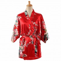 Red - Short Women's Pajamas Silk-like Bathrobe Kimono Robe Peacock/Blossoms