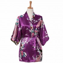 Purple - Women's Silk-like Pajamas Short Bathrobe Kimono Robe Peacock/Blossoms