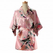 Pink - Women's Silk-like Pajamas Short Bathrobe Kimono Robe Peacock/Blossoms