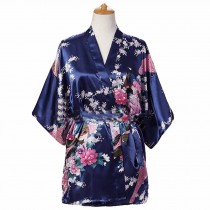 Dark Blue -Women's Silk-like Pajamas Short Bathrobe Kimono Robe Peacock/Blossoms