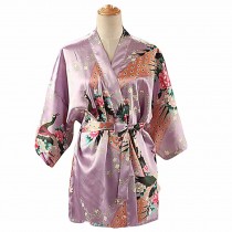 Lilac - Women's Silk-like Pajamas Short Bathrobe Kimono Robe Peacock/Blossoms