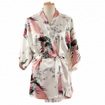 White - Women's Silk-like Pajamas Short Bathrobe Kimono Robe Peacock/Blossoms