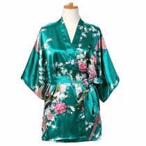 Green - Women's Silk-like Pajamas Short Bathrobe Kimono Robe Peacock/Blossoms