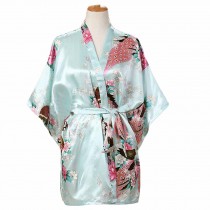 Light Blue-Women's Silk-like Pajamas Short Bathrobe Kimono Robe Peacock/Blossoms