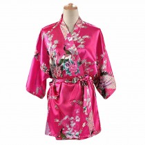 Fuchsia - Women's Silk-like Pajamas Short Bathrobe Kimono Robe Peacock/Blossoms