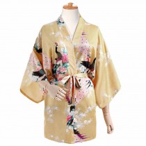 Yellow - Women's Silk-like Pajamas Short Bathrobe Kimono Robe Peacock/Blossoms