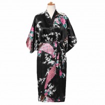 Black - Peacock/Blossoms Women's Long Bathrobe Kimono Robe Silk-like Pajamas