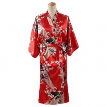 Red - Peacock/Blossoms Women's Long Bathrobe Kimono Robe Silk-like Pajamas