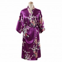 Purple - Peacock/Blossoms Women's Long Bathrobe Kimono Robe Silk-like Pajamas