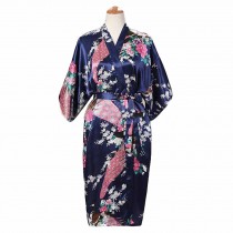Dark Blue - Peacock/Blossoms Women's Long Bathrobe Kimono Robe Silk-like Pajamas