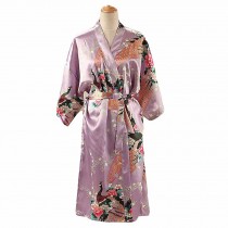 Lilac - Peacock/Blossoms Women's Long Bathrobe Kimono Robe Silk-like Pajamas