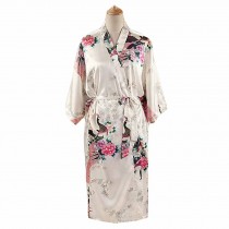 White - Peacock/Blossoms Women's Long Bathrobe Kimono Robe Silk-like Pajamas