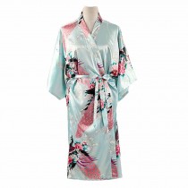 Light Blue- Peacock/Blossoms Women's Long Bathrobe Kimono Robe Silk-like Pajamas