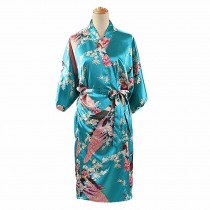 Turquoise - Peacock/Blossoms Women's Long Bathrobe Kimono Robe Silk-like Pajamas