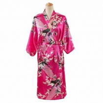 Fuchsia - Peacock/Blossoms Women's Long Bathrobe Kimono Robe Silk-like Pajamas
