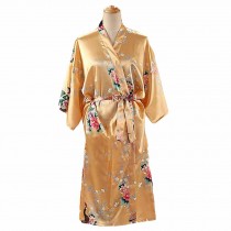 Yellow - Peacock/Blossoms Women's Long Bathrobe Kimono Robe Silk-like Pajamas