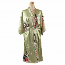 Pea Green - Peacock/Blossoms Women's Long Bathrobe Kimono Robe Silk-like Pajamas