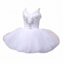 Women Adult Swan Ballet Dance Dress Spaghetti Strap Tutu Dress Sleeveless Sequined Flower Costumes, White