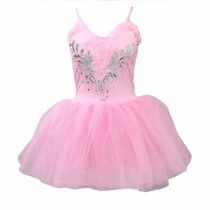 Women Swan Ballet Dance Dress Spaghetti Strap Tutu Short Dress Sleeveless Sequined Flower Costumes, Pink