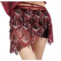 Womens Belly Dance Hip Scarf Sequin Tassel Dancing Belt Performance Outfits Skirt, Wine red