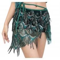 Womens Belly Dance Hip Scarf With Shorts Sequin Tassel Dancing Belt, Green