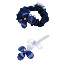 [Blue] 2 PCS Flower Hair Styling Tool Barrettes & Ponytail Holders Hair Clips