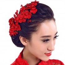 Flower Rhinestones Beads Bridal Wedding Lace Headband Hair Accessories, H