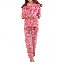 [White Flowers] Fashion Soft Warm Coral Fleece Pajama Set, L (Asian Size)