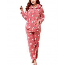 [Pink Mood] Fashion Soft Warm Coral Fleece Pajama Set, L (Asian Size)