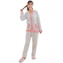 Light BLUE Heart Shape Flannel Pajama Set for Women, Medium