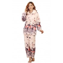 Thick Pajama Set for Women Grey Floral Print Sleepwear, Large (Asian Size)
