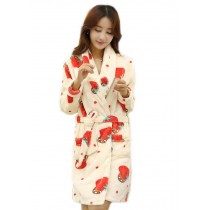 Cute Strawberry Bathrobe for Women, Winter Fleece Sleepwear, M