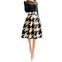 Elegant Women Pleated Vintage Skirts Floral Print Midi Skirt, Damier
