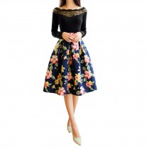 Elegant Women Pleated Vintage Skirts Floral Print Midi Skirt, Dark Blue