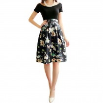 Elegant Women Pleated Vintage Skirts Floral Print Midi Skirt, Daffodil
