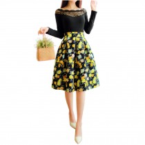 Elegant Women Pleated Vintage Skirts Floral Print Midi Skirt, Yellow Flowers