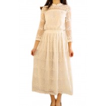 Chic Embroidery White Dress, 3/4 Sleeve Long Dress for Women, Medium