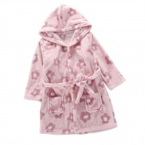 Girls Pink Florals Flannel Hooded Bathrobes Self Tie Soft Sleepwear for Bath Homewear