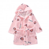 Girls Pink Strawberry Flannel Hooded Bathrobes Self Tie Soft Robe for Bath Homewear