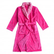 Soft Plush Diamond Pattern Lapel Bathrobes for Boys Girls Bath Homewear, Hot Pink