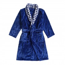 Soft Plush Diamond Pattern Lapel Bathrobes for Boys Girls Bath Homewear, Dark Blue