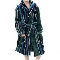 Kids Self Tie Soft Plush Bathrobe Pajamas for Boys Girls Winter Bath Homewear, Green Vertical stripes