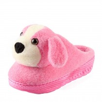 Winter Women Cute Cartoon Doggie Warm Home Cotton Slippers Without Heels, Pink