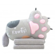 Set of Office Cushion Cartoon Cat Claw Pillow and Coral Velvet Blanket, Gray