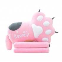 Set of Office Cushion Cartoon Cat Claw Pillow and Coral Velvet Blanket, Pink