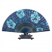 8.27"(21cm) Handmade Handheld Folding Fan Blue Flower Great Gift For Women