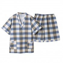 Men Pajamas Suit Check Pattern Summer Short Pajamas Khan Steam Clothes Cotton