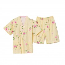 Yellow Flora Pattern Cotton Pajamas Suit Khan Steamed Clothes Women Loungewear